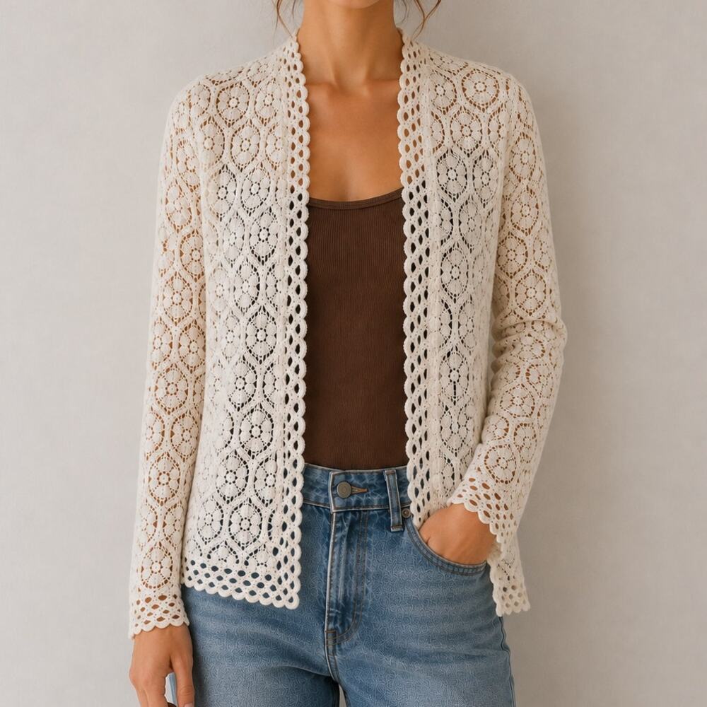 Vintage Artisan Crochet Lace Cardigan Ivory White Cottage Coquette Balletcore-S